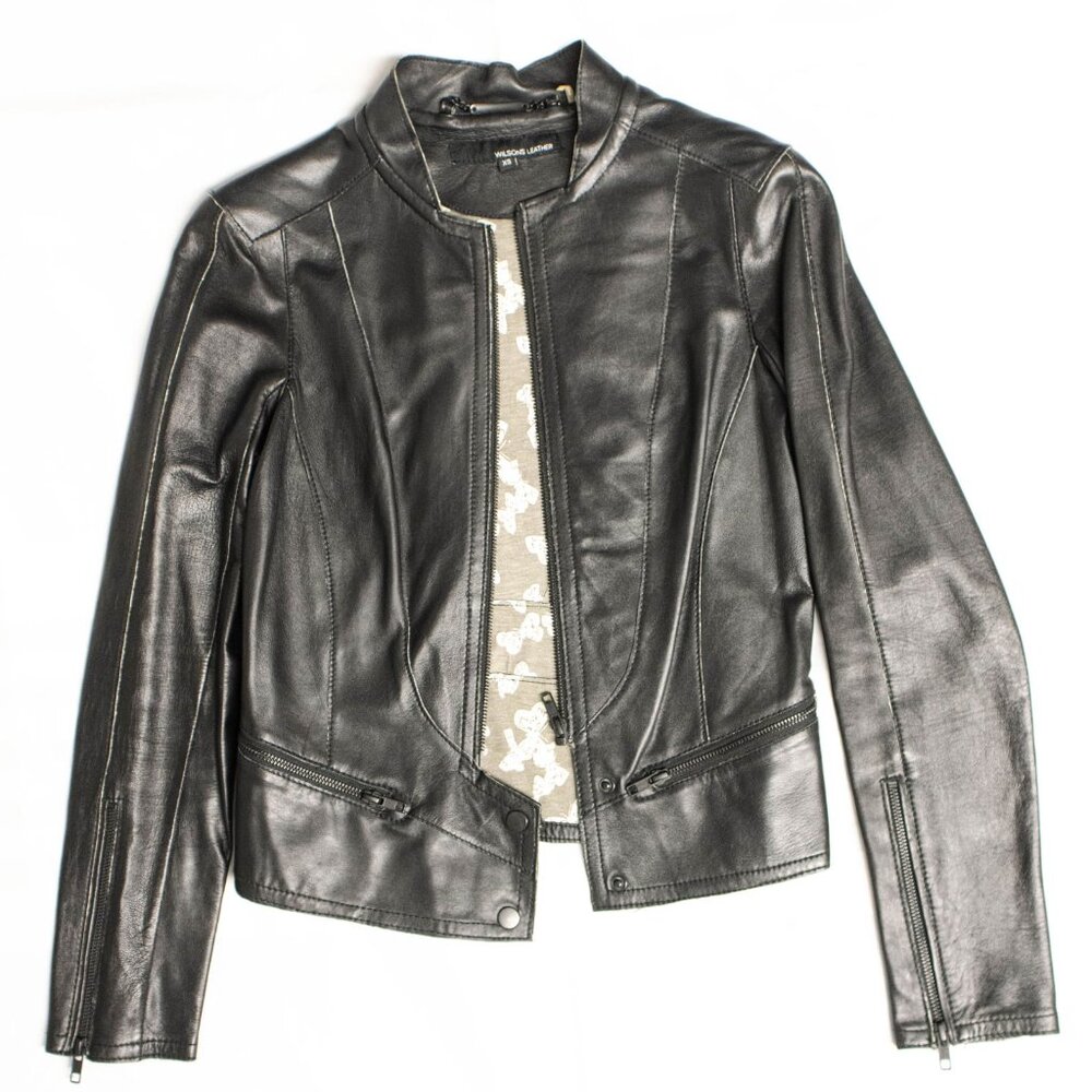 XS Wilsons Leather Women's Black Leather Jacket with butterfly lining